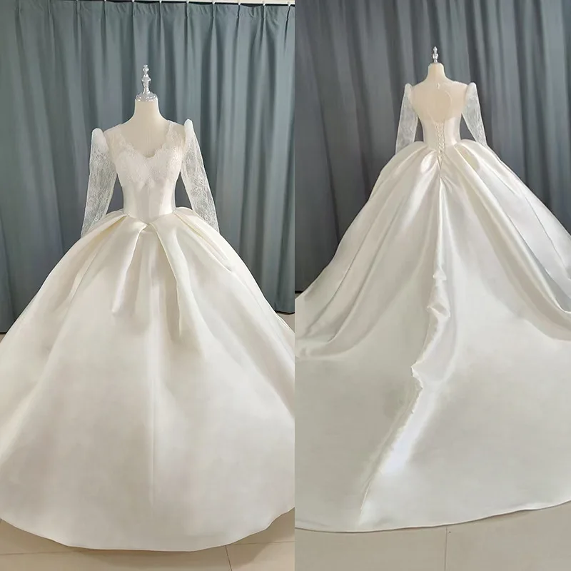 Long Sleeved 2026 Light Luxury Wedding Dresses For Women Satin Embroidery V-neck High Quality Bridal Gowns Vestido De Novia