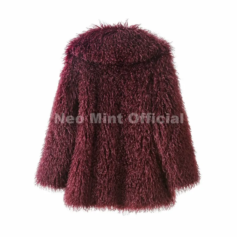 Neo Mint Winter 2025 Trend Burgundy Obsession Long Faux Mongolia Sheep Fur Jacket Coat Women Chic Lapel Collar Fluffy Overcoat
