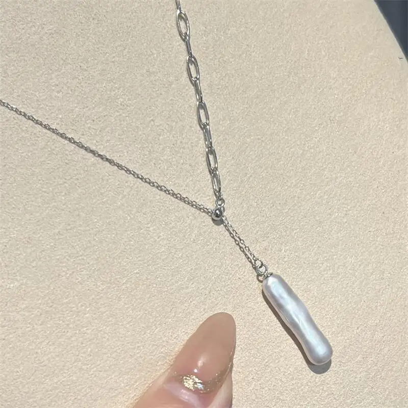 

Регулируемое жемчужное Y-образное ожерелье из стерлингового серебра 925 пробы, жемчужный лариат в стиле барокко, изящная асимметричная цепочка, элегантный женский подарок