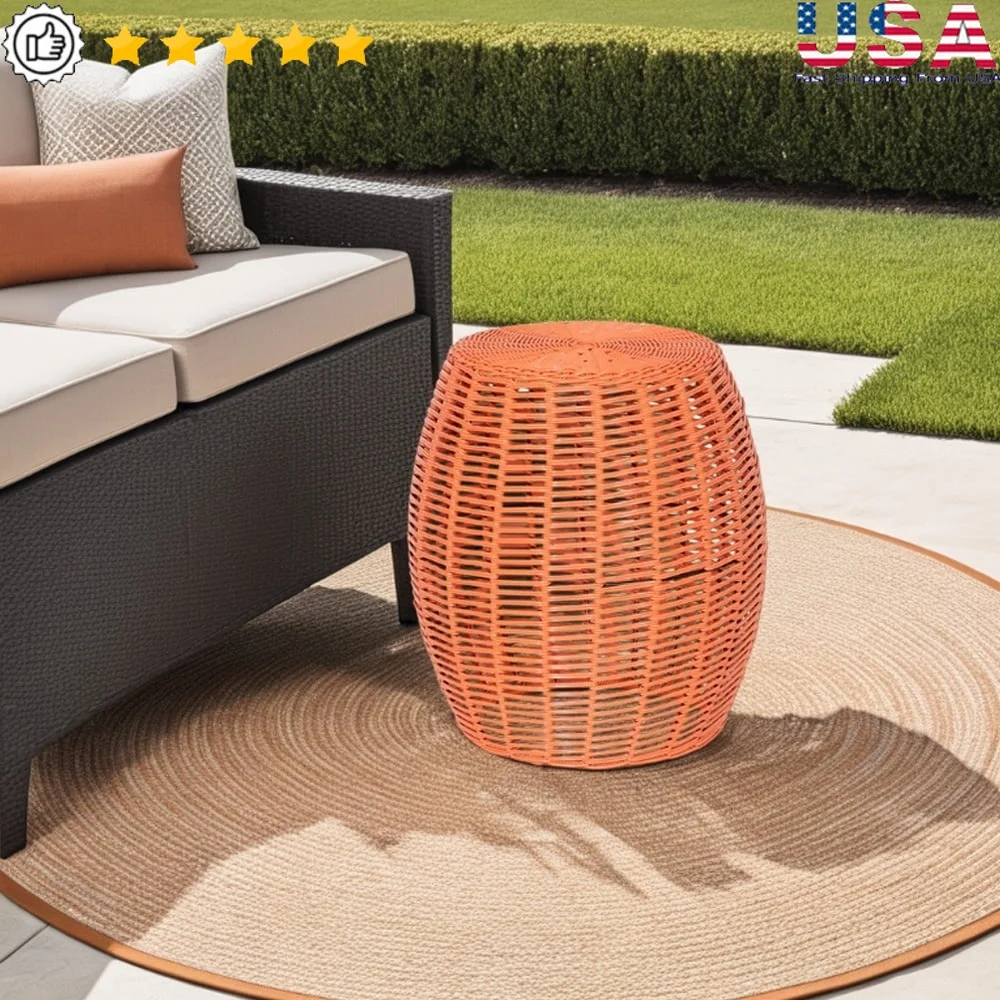 

Outdoor Wicker Side Table Round Resin Accent Table Patio Ottoman Plant Stand Portable Metal Frame Storage Stool