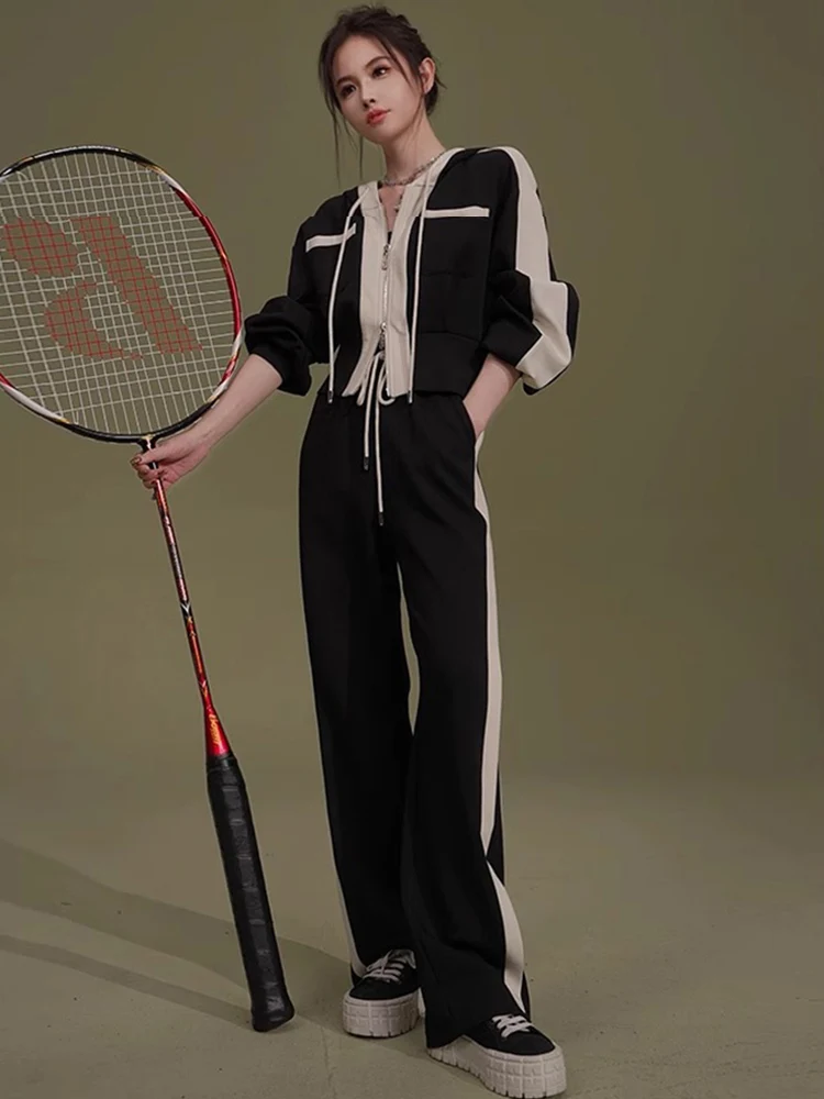 

Black Casual Sportswear Set for Women Autumn Fashion Anti-Aging Two-Piece Suit Wide Leg Pants Hooded Zipper Closure Long Sleeve