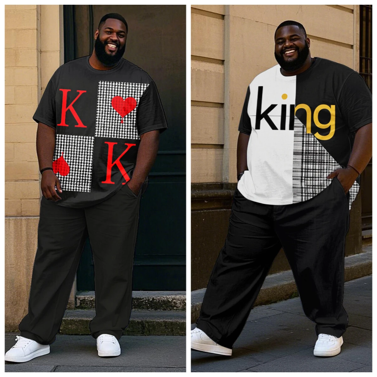 

S-9XL Big and Tall Men King Poker Print 2-Piece T-Shirt & Pants Streetwear Set