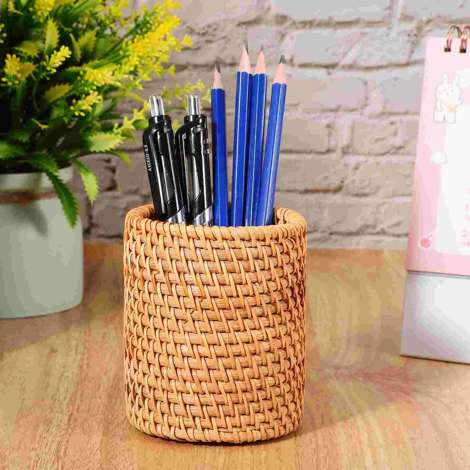 2 Pcs Rattan Pen Holder 2pcs Diameter 8cm Height 10cm Pencil for Desk Boho Decor Organizer Woven Accessories Cup