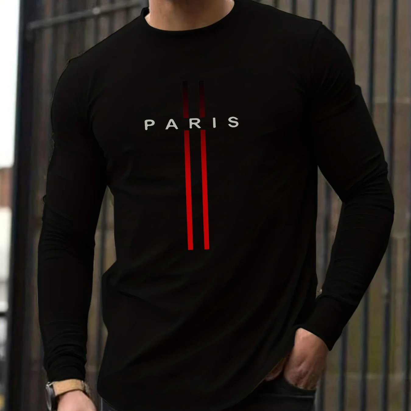 100% algodão puro masculino manga comprida em torno do pescoço solto casual paris padrão impresso primavera e outono versátil camiseta topo