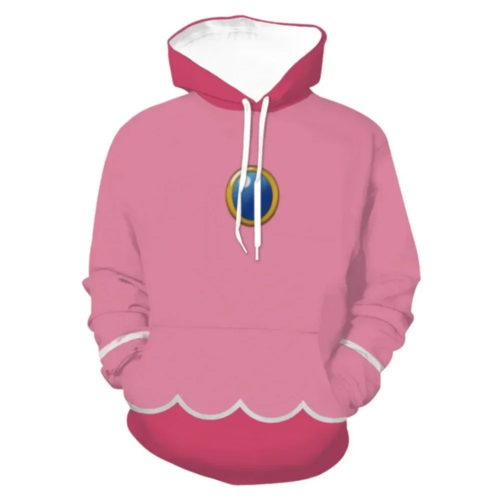 Sudadera con capucha con estampado 3D de Super Bros para hombre y mujer, ropa deportiva informal holgada, disfraz de Cosplay de Halloween, color rosa y melocotón