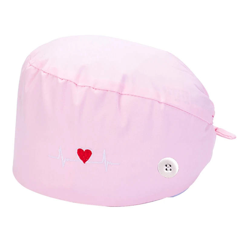 Heart Shape Embroidery Work Hats with Sweatband Adjustable Anti Sweat Button Scrub Cap Doctor Nurse Beautician Hygiene Work Hat