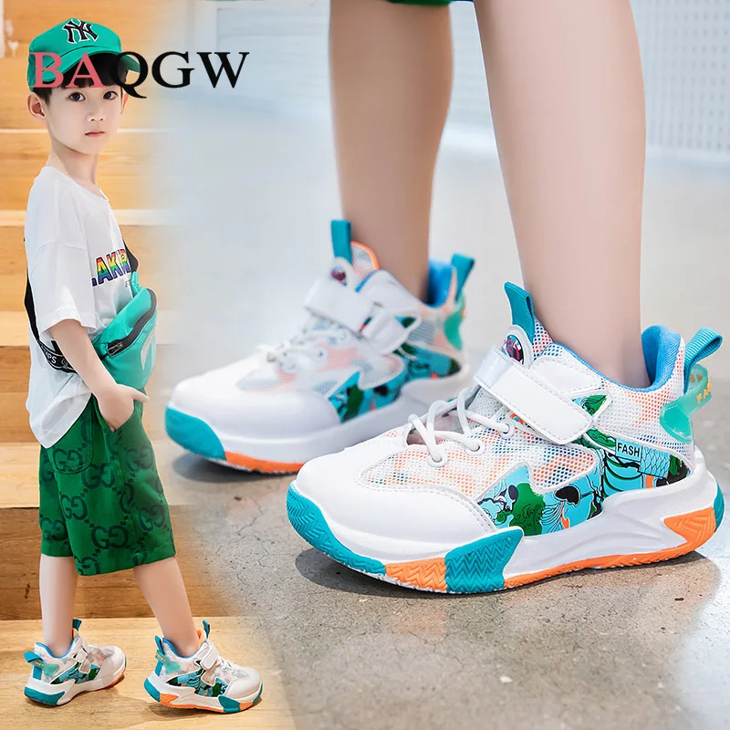 Mesh Children Running Sneakers Boy Shoes High-Quality Lightweight Mesh Breathable Soft Soled Anti-Slip Children Basketball Kids