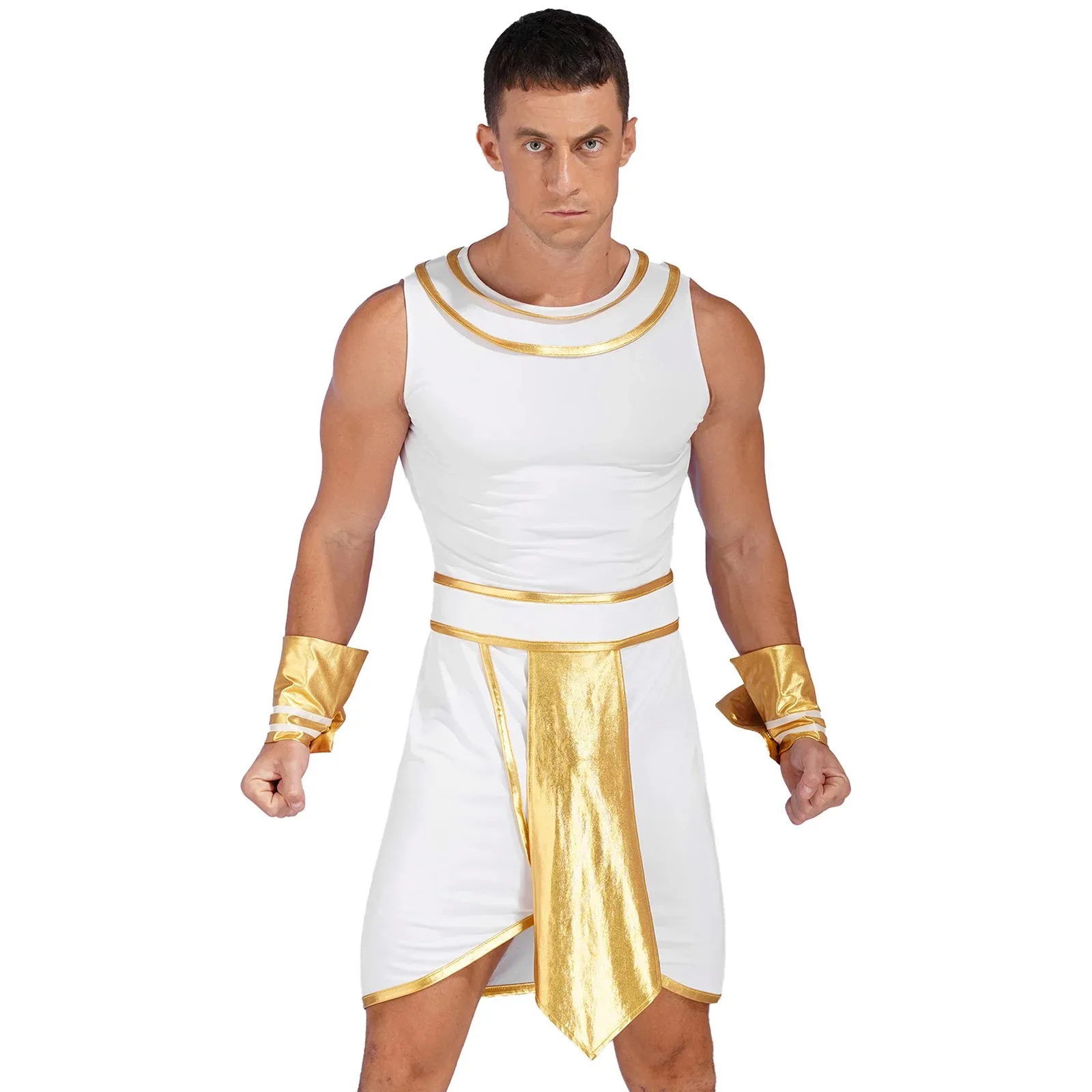 Mens Ancient Egypt King Cleopatra Role Playing Outfit Pharaoh Cosplay Party Costume Round Neck Sleeveless Dress with Cuffs