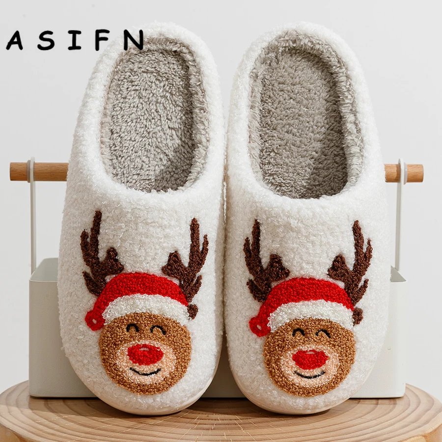 Winter Christmas Reindeer Slippers Fur Cute Elk Women Exquisite Comfy Home Flat Slip-on Merry Christmas Party Bedroom Shoes