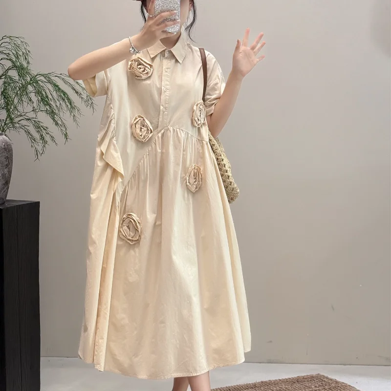 

Новое дизайнерское 3D-платье макси из хлопка с цветочным принтом, женское, с отложным воротником, короткими рукавами, высокого качества, в винтажном французском стиле, однотонное.