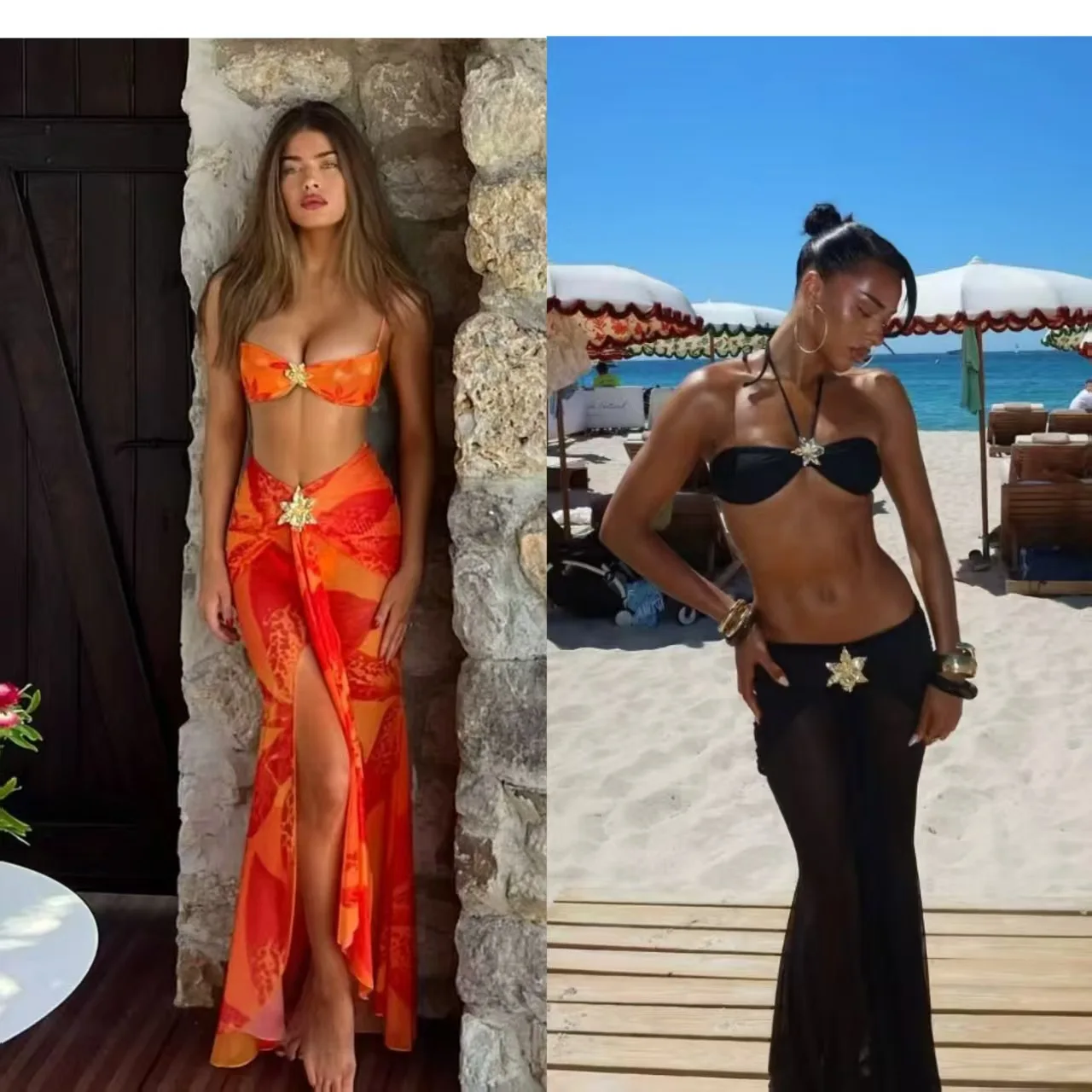 

3 Pieces KHKJ2025 Sexy Print Women Swimsuit Swimwear Female Mesh Skirt Bikini Set Beachwear Bathing Suit Swimming Suit