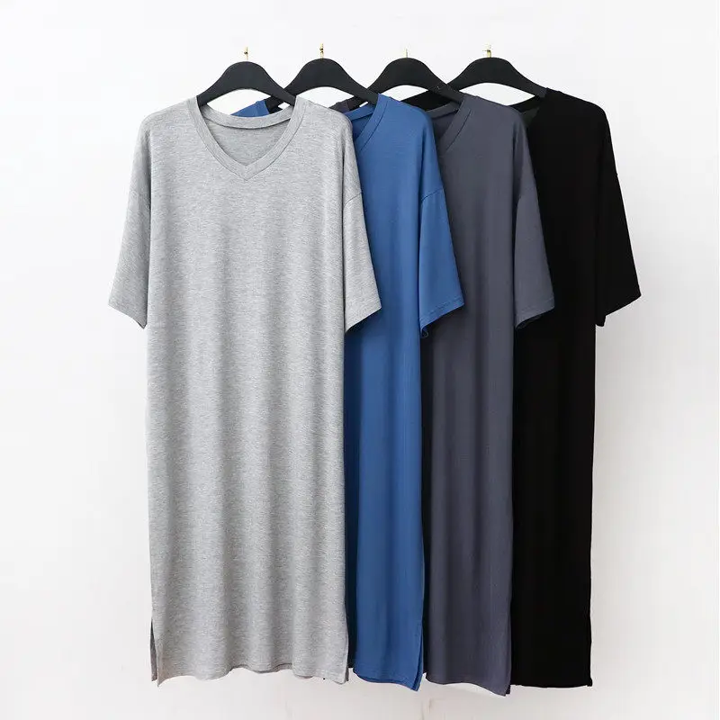 Cool Modal Men's Nightgown Summer Loose Thin Home Clothes Robe V-neck Short Sleeve Morning Robe Sleepwear Casual Home Style