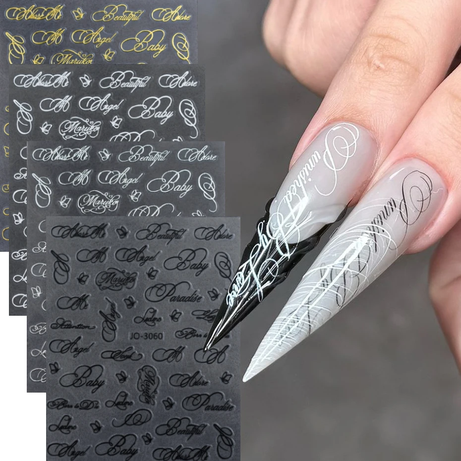 Buchstaben-Nagelaufkleber im Y2K Gothic-Stil, schräg gestaltetes englisches Design, goldene, silberne, schwarze, weiße Nagelaufkleber, DIY-Nageldekor – Detail 1