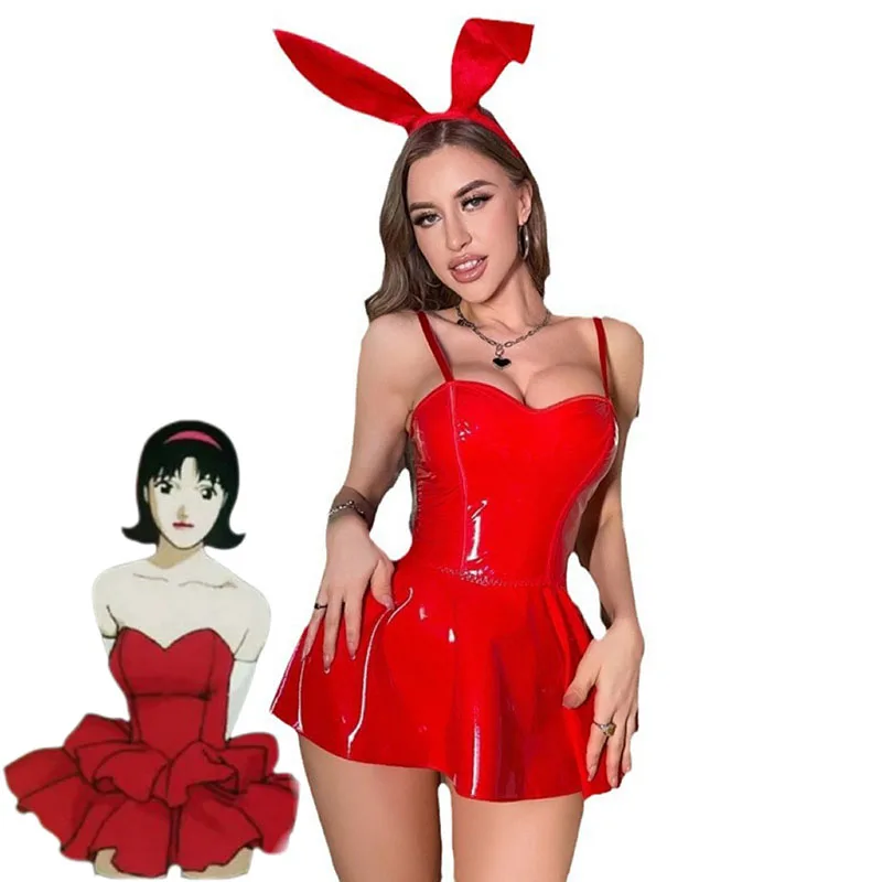 

Women Wet Look PU Leather Mini Dress Bunny Girls Cosplay Clubwear Sweetheart Back Cutout A-Line Sexy Bodycon Mini Dress Mima