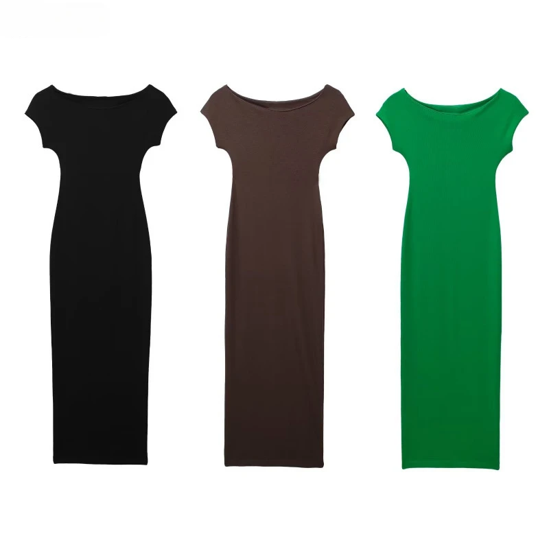 

2024 Summer New Product Women's Solid Color Fit Medium length Hip hugging Dress