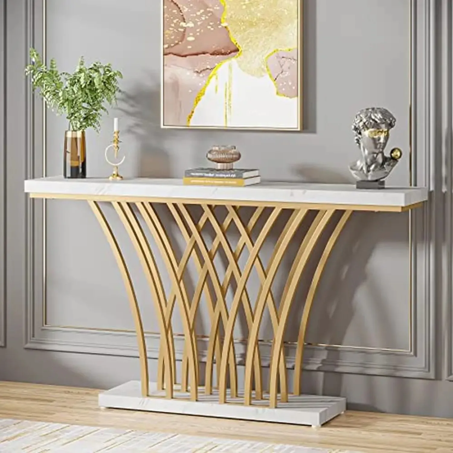 59 inch Gold Console Table, Modern Entryway Table with Grid-Shaped Metal Base for Entrance, Entryway(White Faux Marble & Gold)