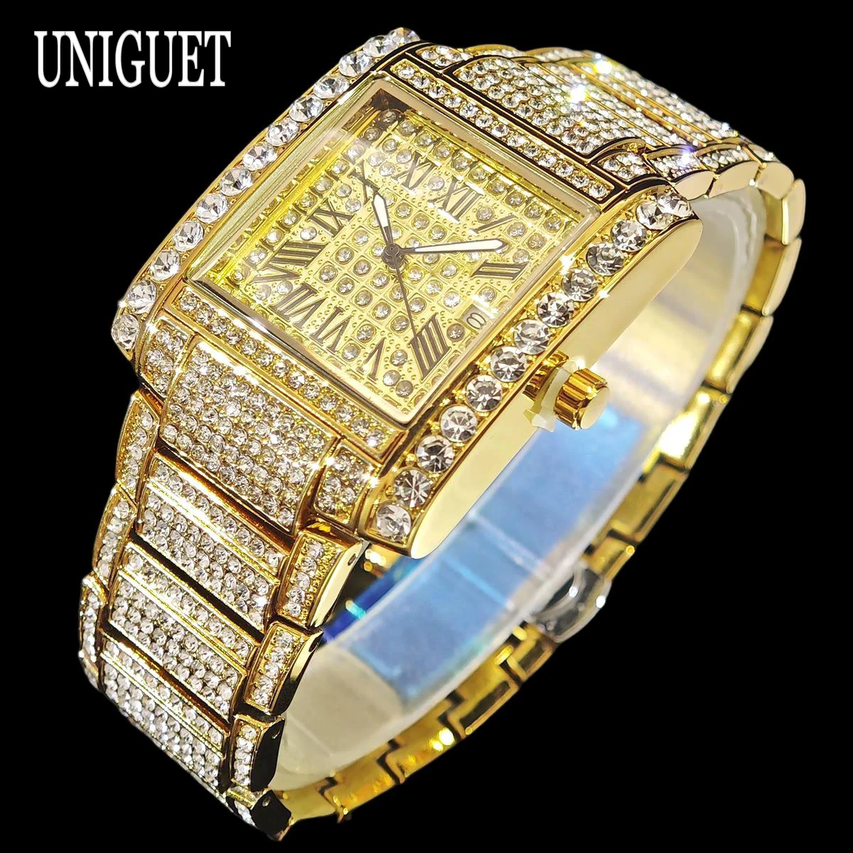 Big Diamond Gold Watch For Men Fashion Brand UNIGUET Luxury Hip Hop Bling Jewelry Ice Wristwatch Man Rectangle Reloj Hombre