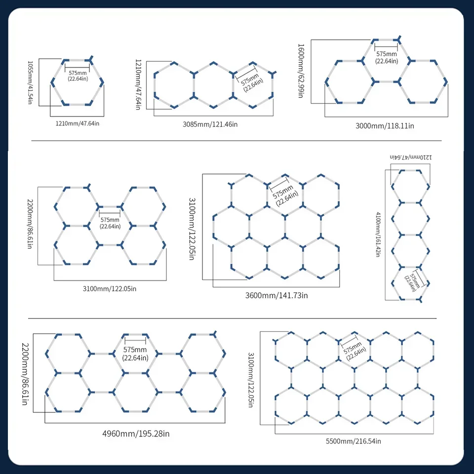 lumineux hexagonal para garaje, tubos de 575mm, AC85-265V, panal, luz Led para garaje, iluminación de techo para taller de reparación de carrocería de coche