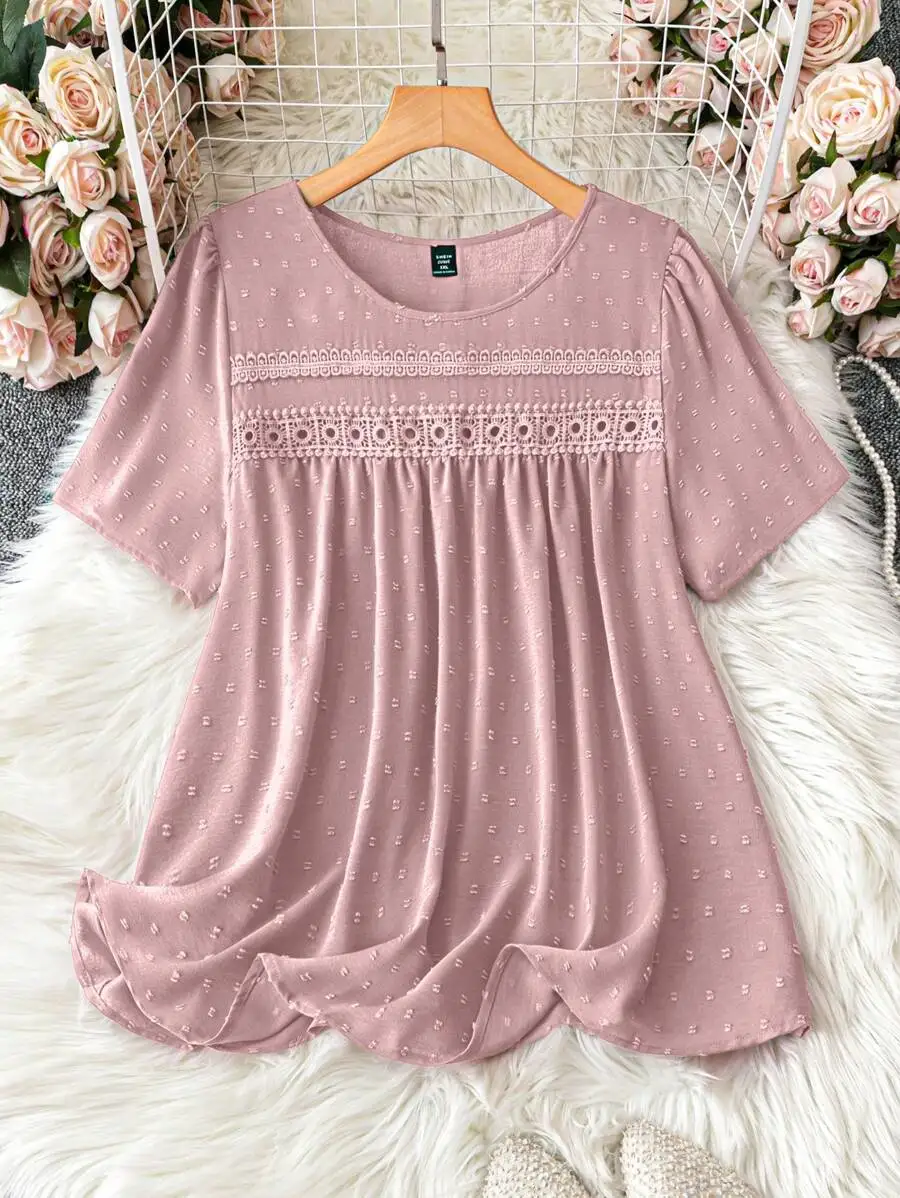 Plus Size Women's Dusty Pink Casual Blouse with Lace Trim and Smocked Detail