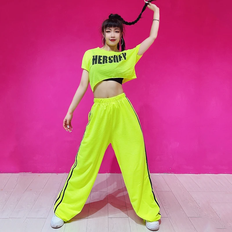 Hip Hop Dance Costume Adult Street Dancing Clothes Fluorescent Jazz Top Hip Hop High Waist Paants Rave Outfit StageWear XS4603