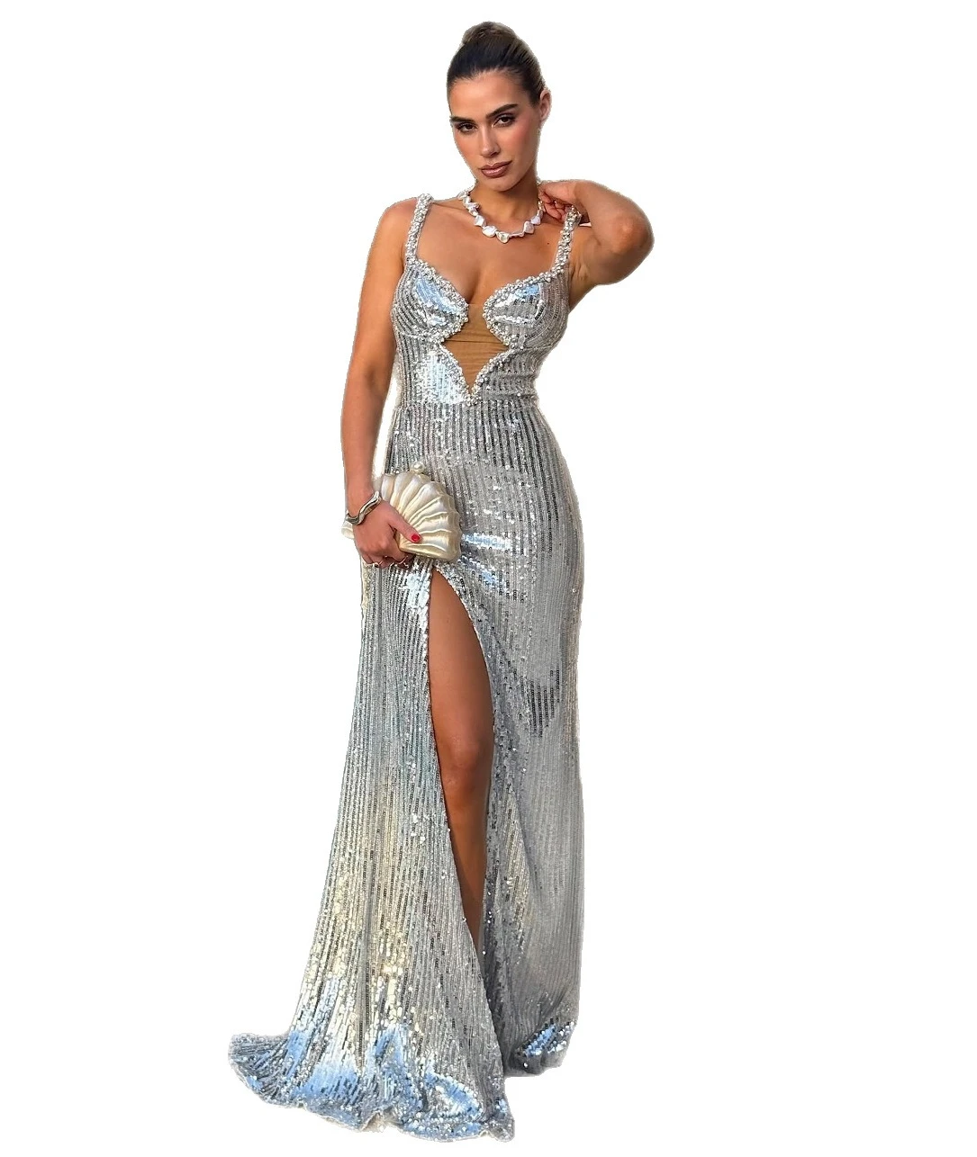 

New Green Sequined Fairy Long Sleeveless Fashion Body Temperament Medium and Long Evening Dress