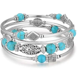 Layered Wrap Bangle Turquoise Bracelet - Bead Bracelet with Natural Agate Stone, Gifts for Women Men Mom Girls