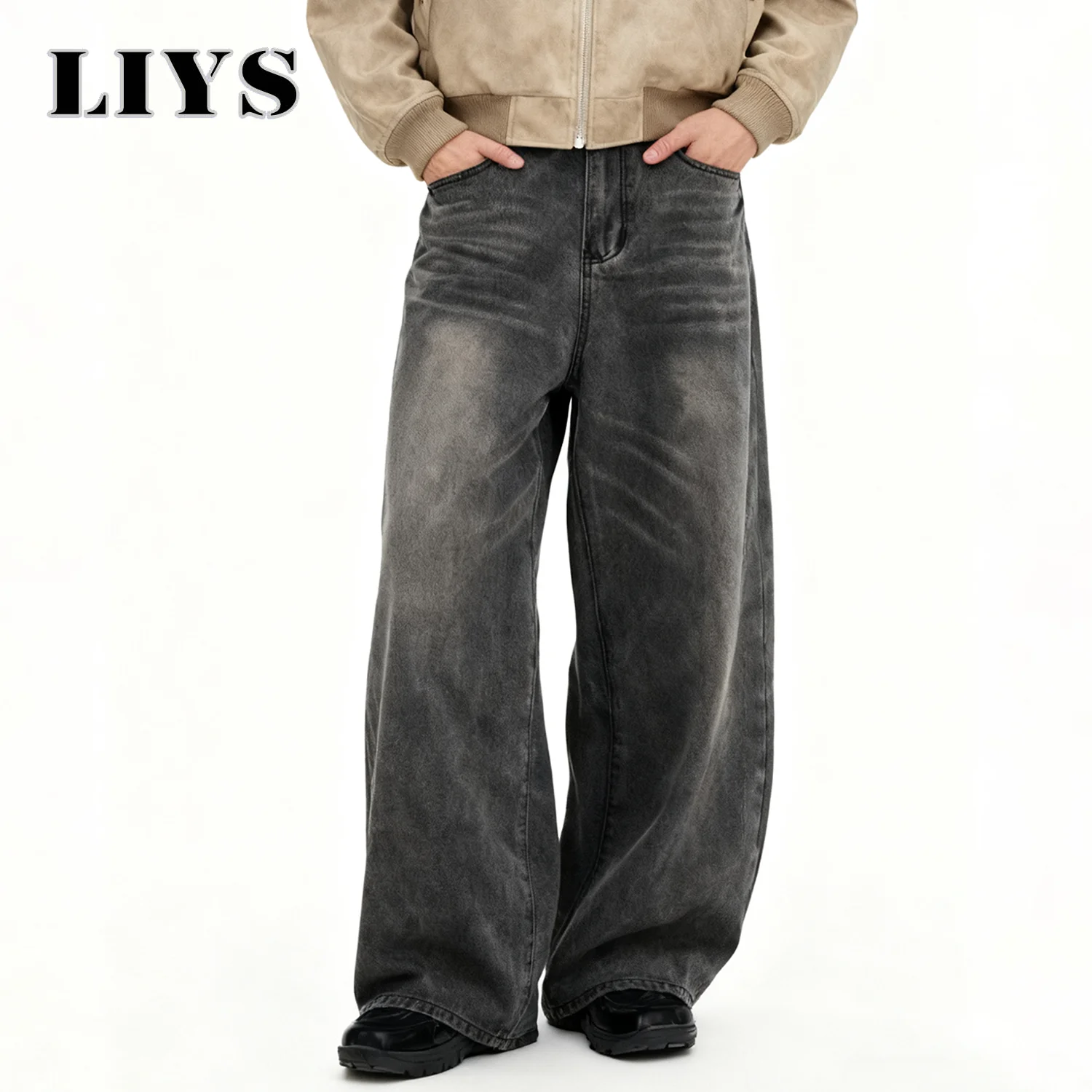 Men's American Retro Gray Baggy Wide Leg Jeans Daily Business Casual Loose Straight Leg Denim Pants Four Seasons Men's Clothes