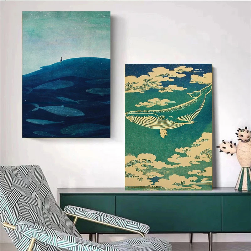 الحد الأدنى اليابانية الحوت الحياة البحرية الملصقات مجردة خط المطبوعات التقليدية حائط لوح رسم صور ديكور غرفة المعيشة المنزلي