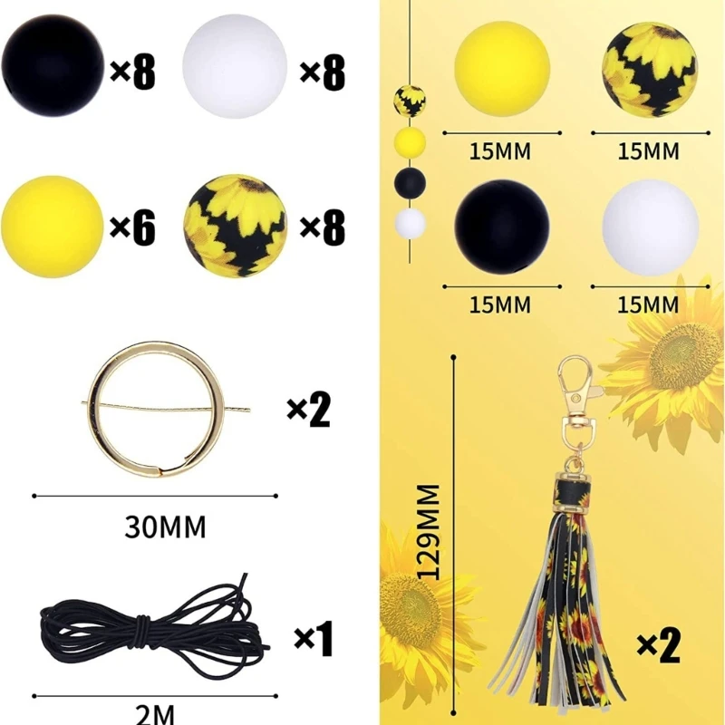 30 perline in silicone con stampa girasole da 15 mm, per adulti, fatti a mano, portachiavi, braccialetto, giocattolo fai da te