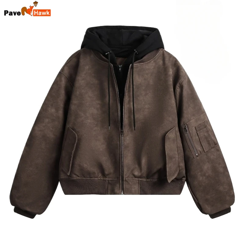 Thicken Motorcycle Hooded Leather Jacket Mens Winter Fake Two Pieces Fashion Hip Hop Warm Parkas Pilot Bomber Cotton Coats