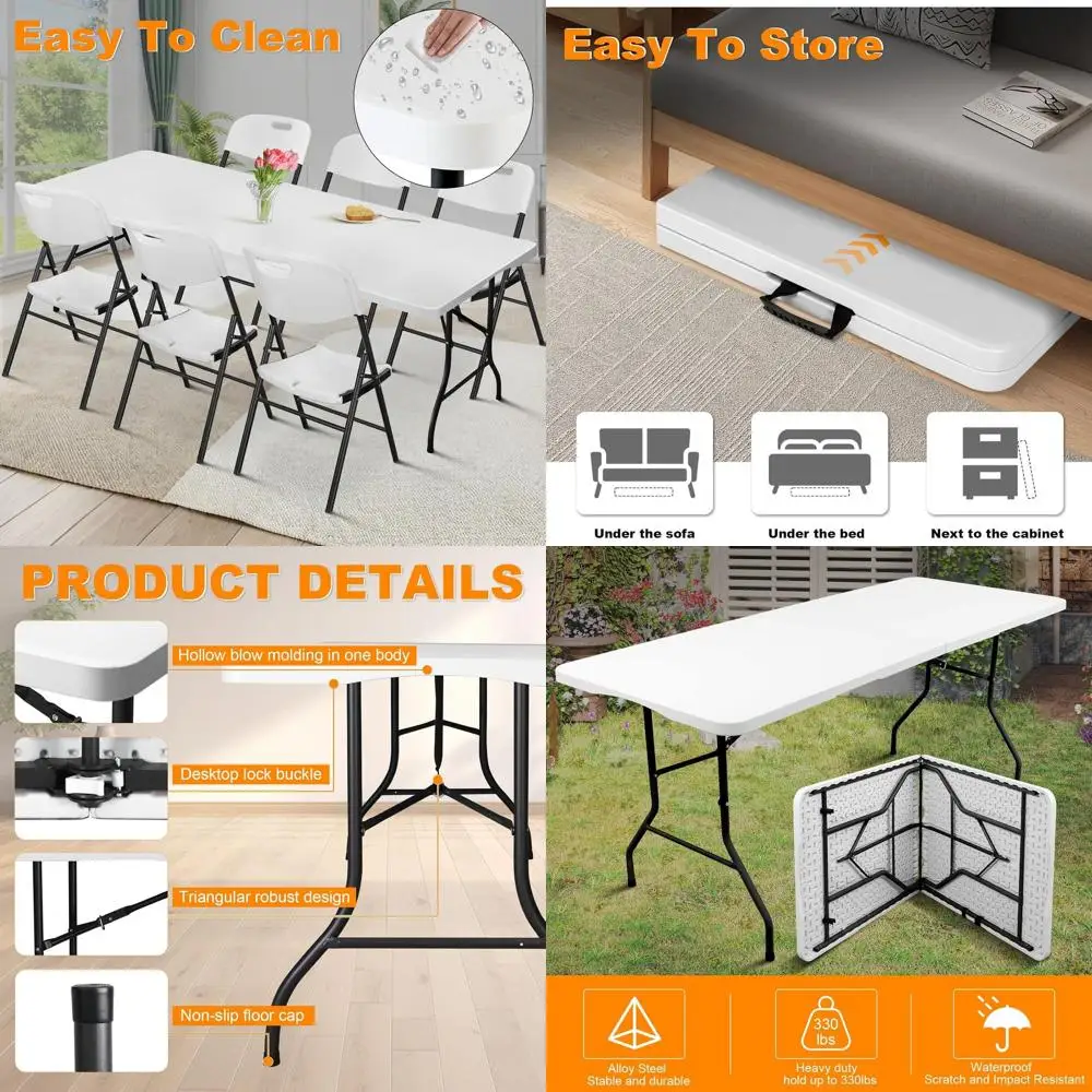 

Portable Heavy-Duty 6ft Folding Plastic Table, Ideal for Indoor, Outdoor, Dining, Camping, Picnics, Parties, White