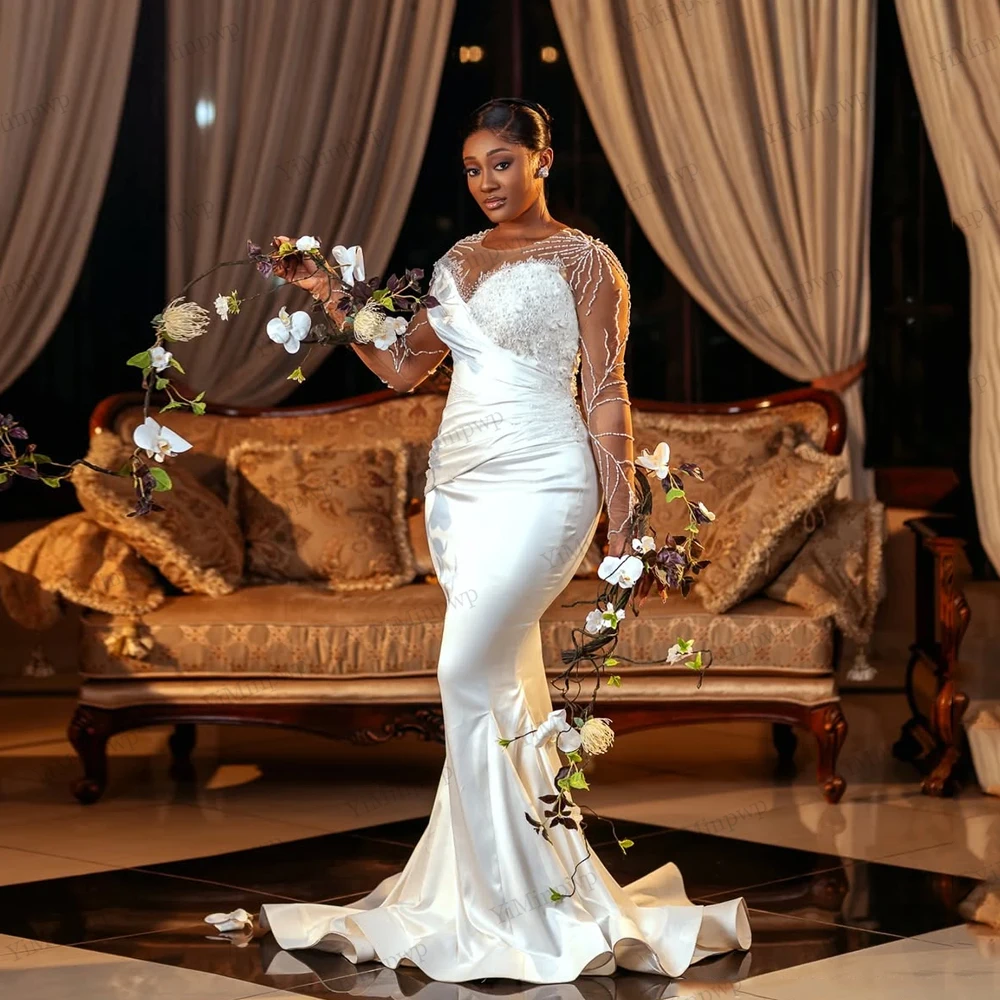 

Customized African Wedding Dresses For Women Full Sleeves Applique Lace Full Sleeve Beaded Bride Gowns Scoop Neck Customized