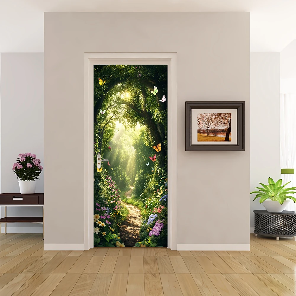 1pcs Dreamy Forest Trail Door Stickers, Sunshine Penetrating through the Forest, Butterfly Dancing, Self Adhesive Home Decoratio