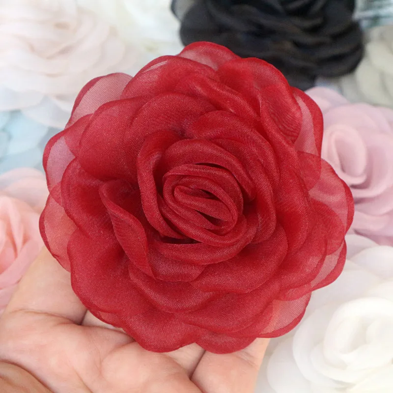 5Pcs 8CM Organza Artificial Flower Head Fake Rose Flowers For Home Decor Wedding Party Hats Hair Decoration Bride Accessories