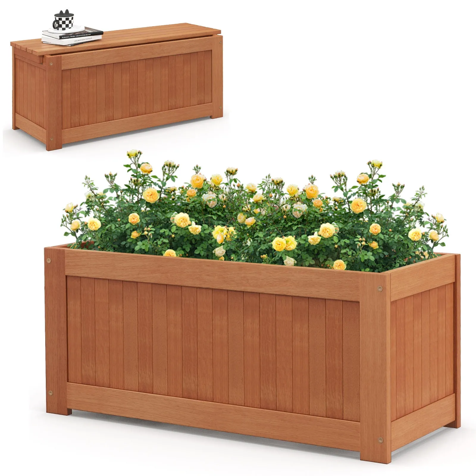 

Wood Outdoor Planter Box w/ Seat 2-in-1 Wooden Raised Garden Bed & Bench