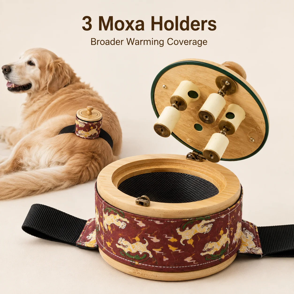 Caja de Moxibustión para Perros Mayores con Correa Ajustable, 3 Soportes para Moxa, Protector de Ceniza y 54 Piezas de Moxa para el Cuidado y Calentamiento de Espalda y Cadera