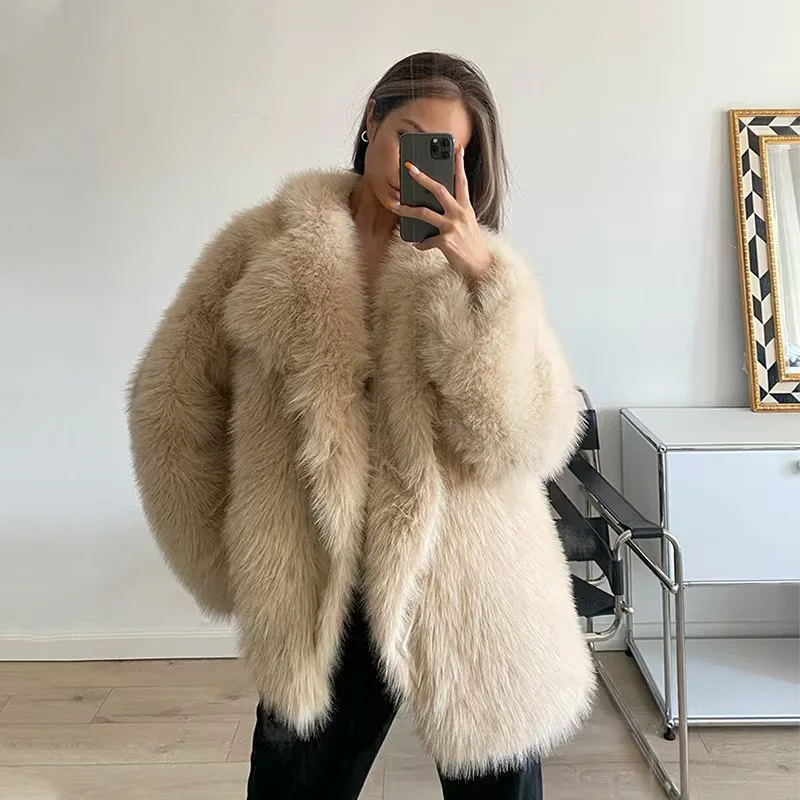 European and American Autumn and Winter New Lapel Fur Outwear Women's Artificial Fur Outwear Loose Korean Style Mid-Length Outwe