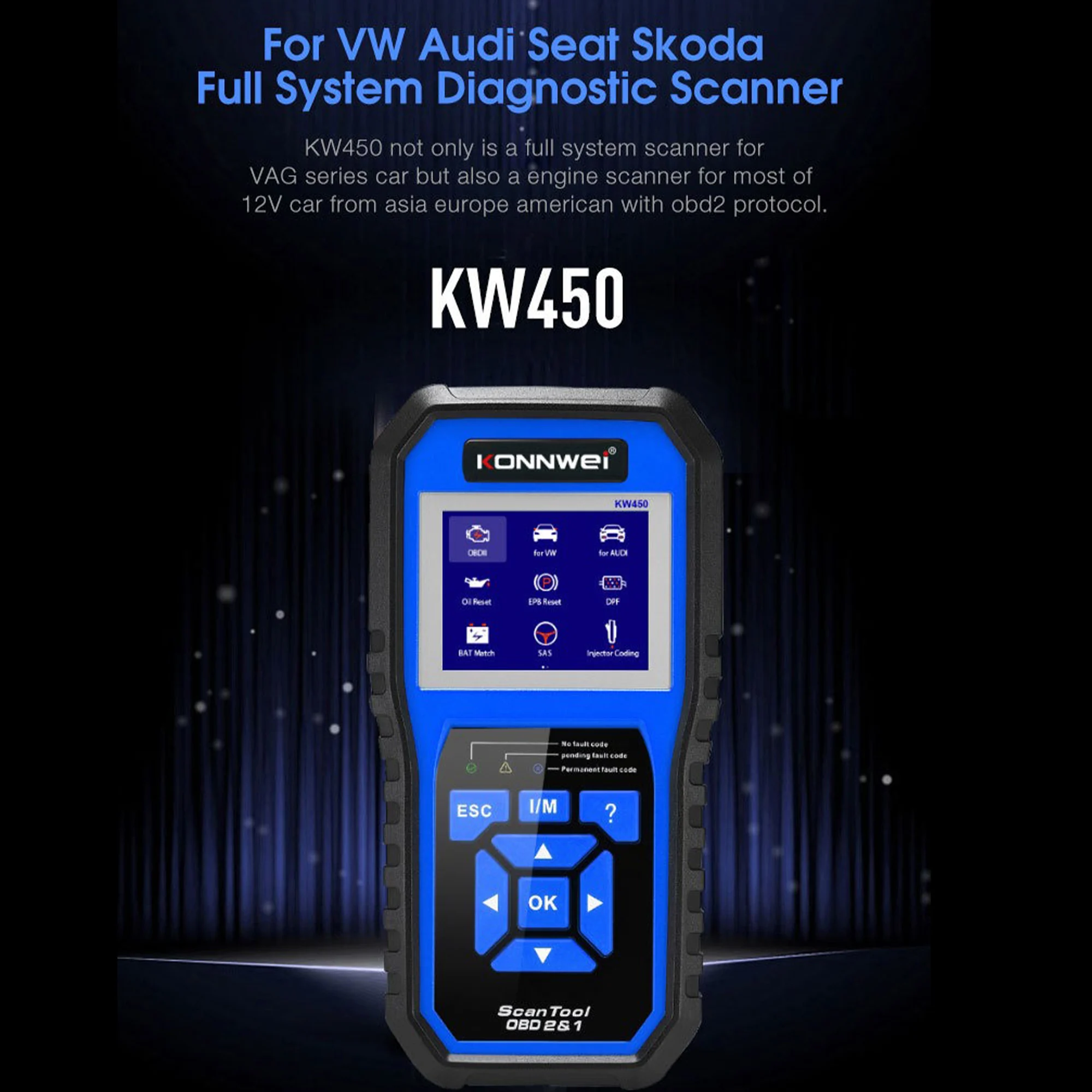 KONNWEI KW450 OBDⅡ Diagnostic Tool ABS Airbag Battery matching EPB DPF SAS BAT Match VAG Car Full System Fault Diagnosis Scanner