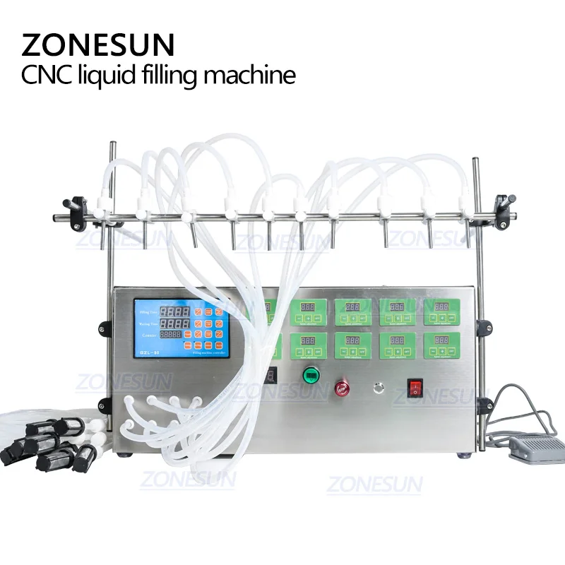 ZONESUN-디지털 컨트롤 펌프, 액체 에센셜 오일 물 주스 Cnc 10 헤드 3-4000ml 충전 기계