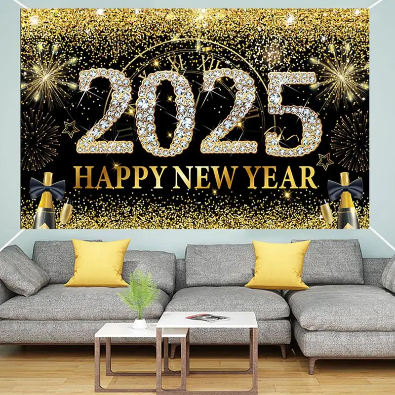 Happy New Year Background Cloth 71 X 43in Black Gold Home Decoration Photo Booth Background Elegant New Year Photo Backdrop