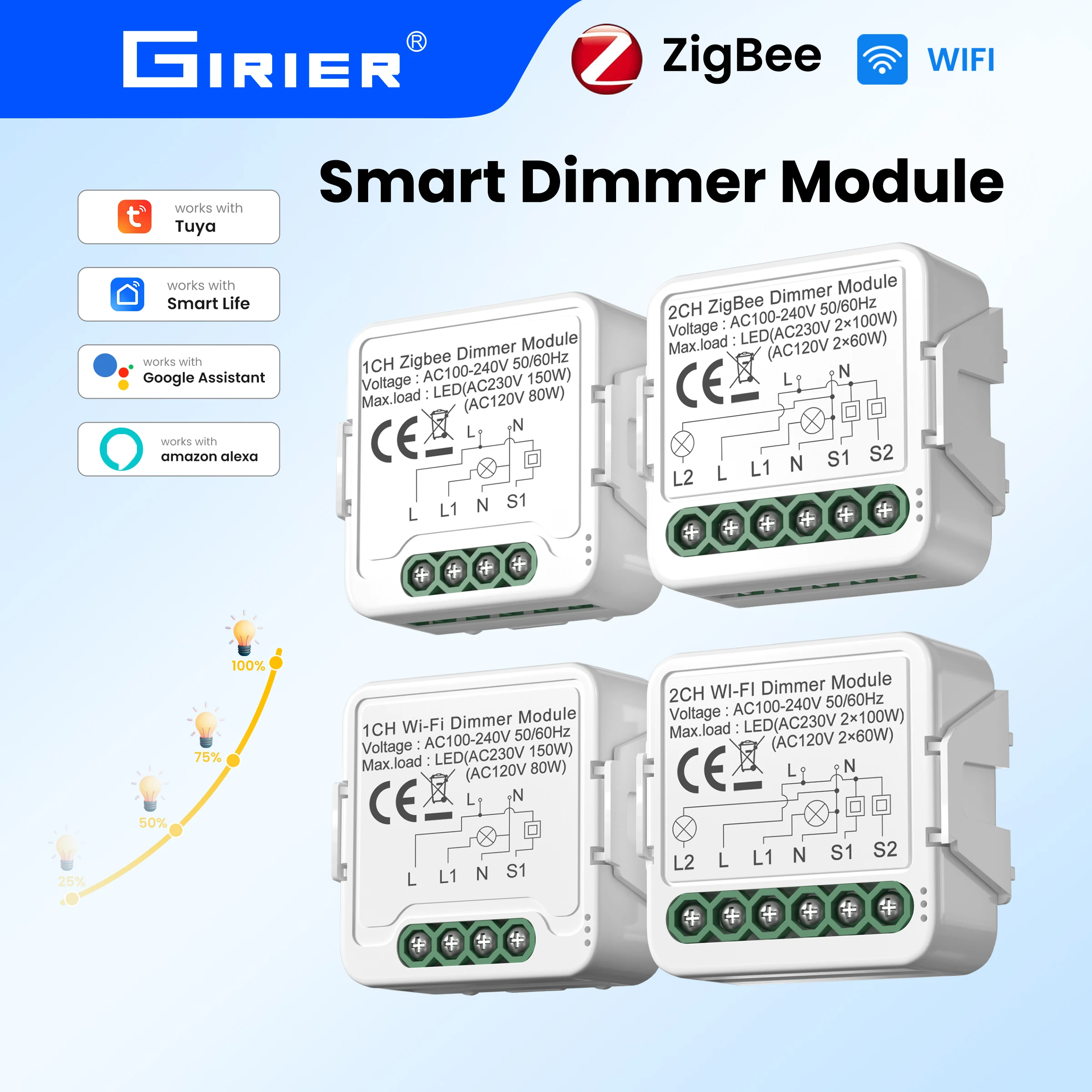GIRIER Tuya ZigBee 3.0 Dimmer Switch Module Smart Home Automation Relay for Dimmable Bulb Support 2-way Control Works with Alexa
