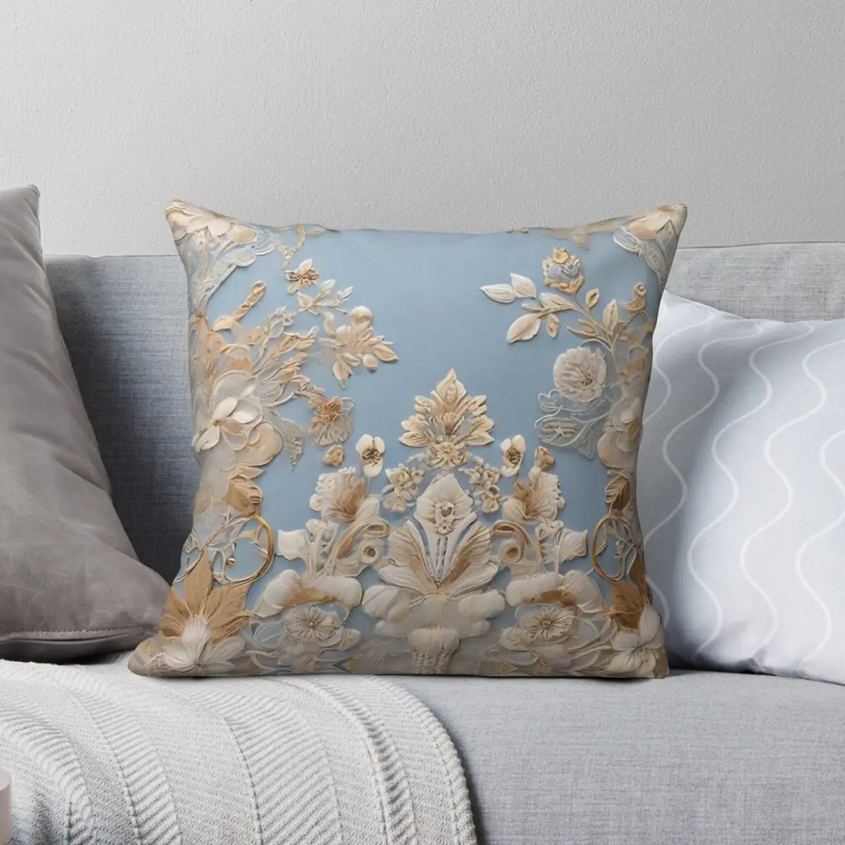 Captivant taie d'oreiller ton bleu bébé or Polyester lin velours imprimé fermeture éclair décor canapé housse de coussin 18"