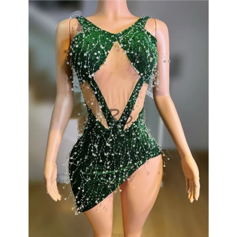 Robe de soirée pour femmes, perles vertes, pour fête, Festivals, Costume de chanteur, robes latines, Bar, Club, spectacle sur scène, Rave