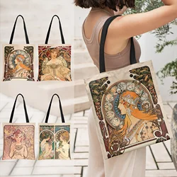 Alphonse Mucha Zodiac Woman Pattern Large Capacity Tote Bag Linen Lightweight Shoulder Bag Casual Fashion Commuter Bag