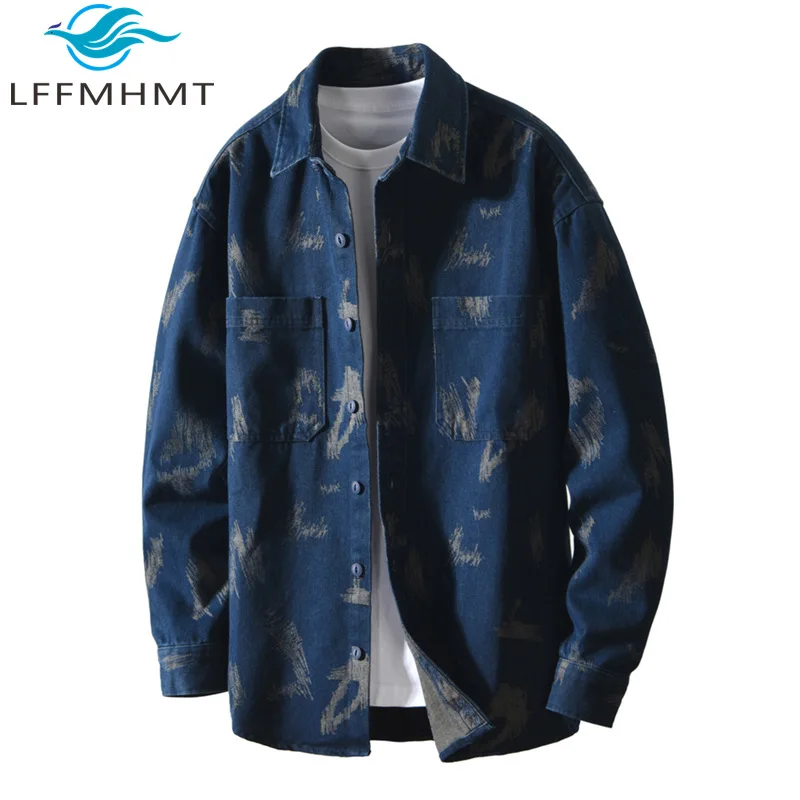 

T795 Мужская джинсовая повседневная рубашка с длинным рукавом для осени и зимы, модные свободные винтажные джинсовые куртки с цветочным принтом, мужские