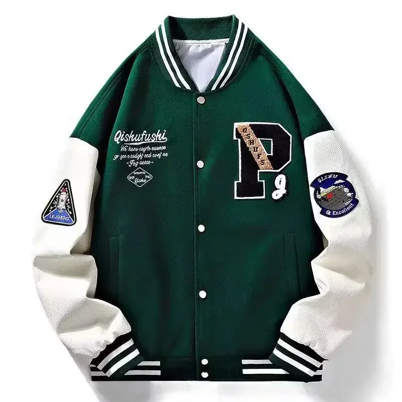Retro Armband Personalized Jacket for Men Color Matching Striped Stand-up Collar Men's Jacket 2024 Letter P Trendy Baseball Coat