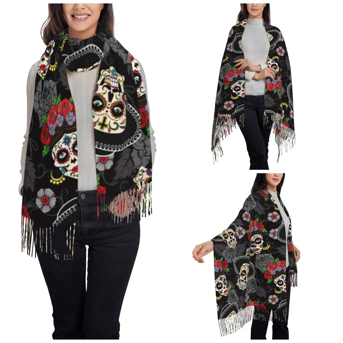 Day Of The Dead Halloween Shawl Wraps for Ladies Warm Large Long Scarf Sugar Skull Rose Pashmina Tassel Scarves