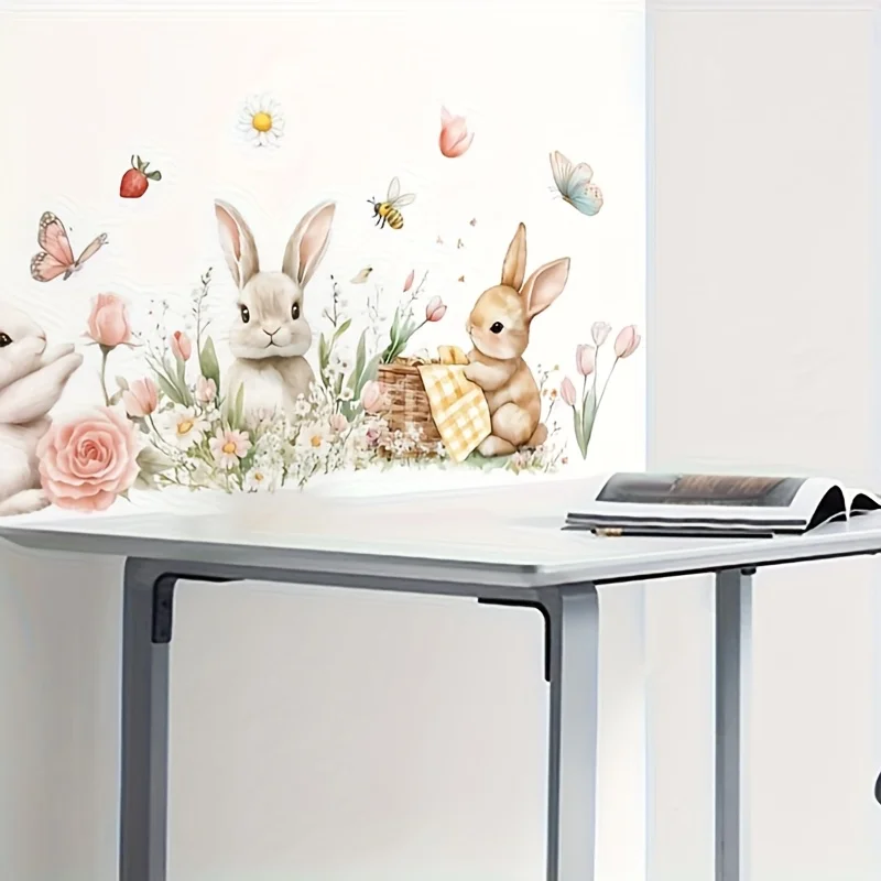 2D plane, 1 cartoon with three rabbits for picnic, self-adhesive painting for decorating living room, kitchen, dining room and b