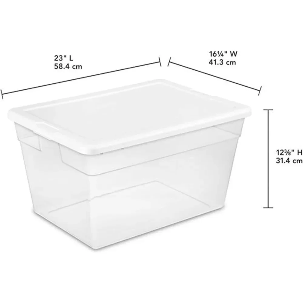 56 Quart Durable Heavy Duty Plastic Stackable Storage Container Boxes with Recessed Latching Lids, Clear (24 Pack)