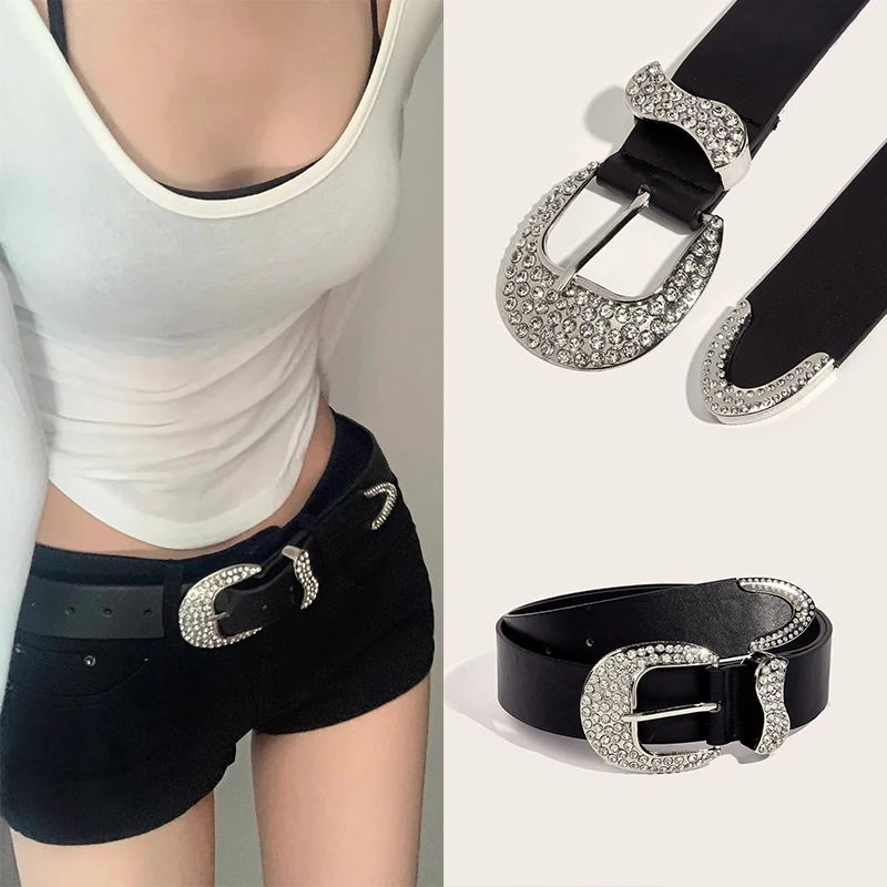 Fashion Rhinestone Y2K Belts For Women Trendy Solid Color Sparkling PU Leather Belt Cowboy Cowgirl Jeans Pants Decoration Belt